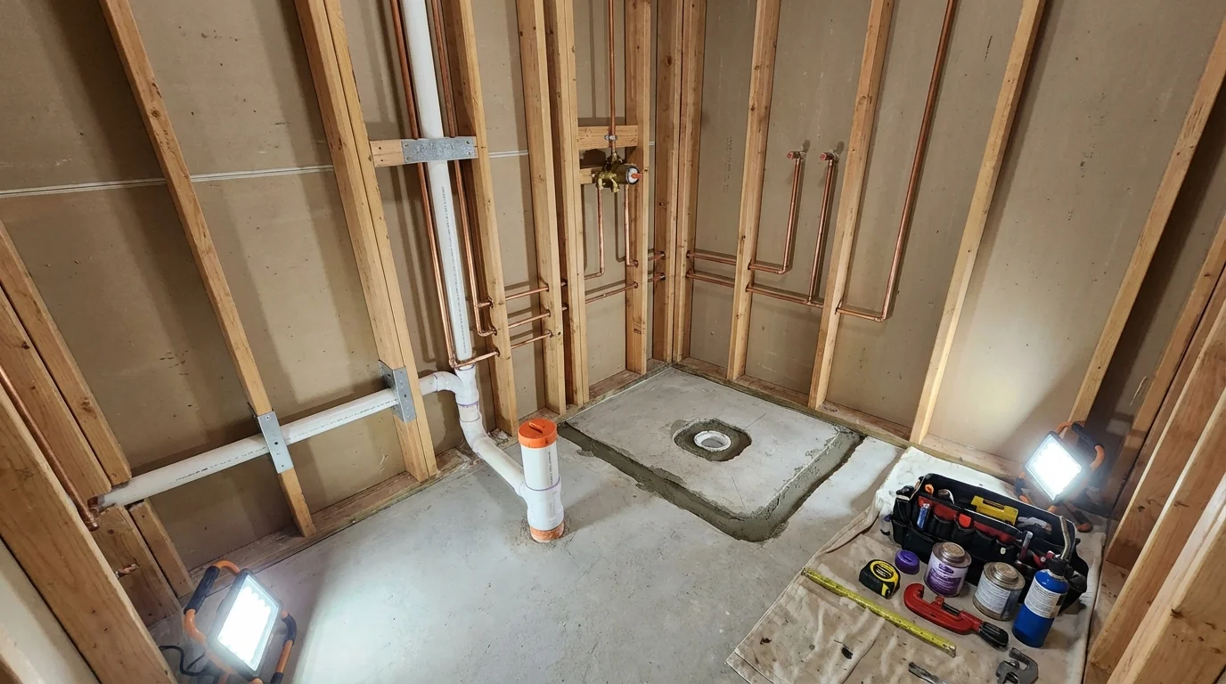 Bathroom rough-in plumbing during remodel by Johns Plumbing LLC in Payette
