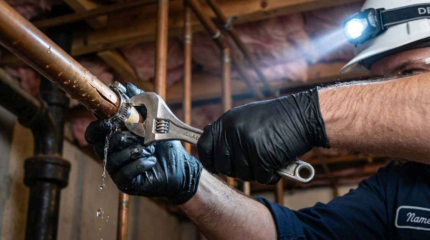 Emergency pipe clamp repair being performed by a Johns Plumbing LLC plumber in Payette