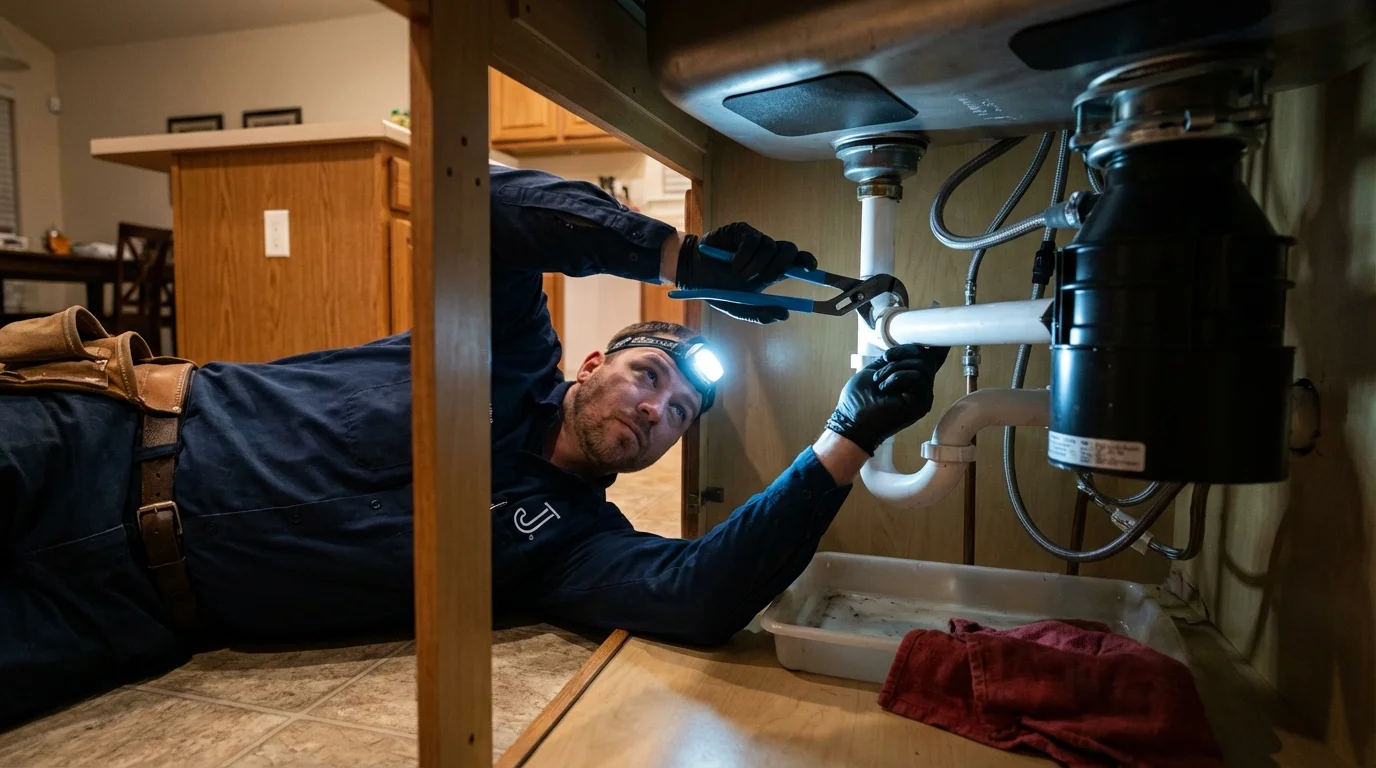P-trap and supply line connections under a kitchen sink showing a common leak point in Payette, ID